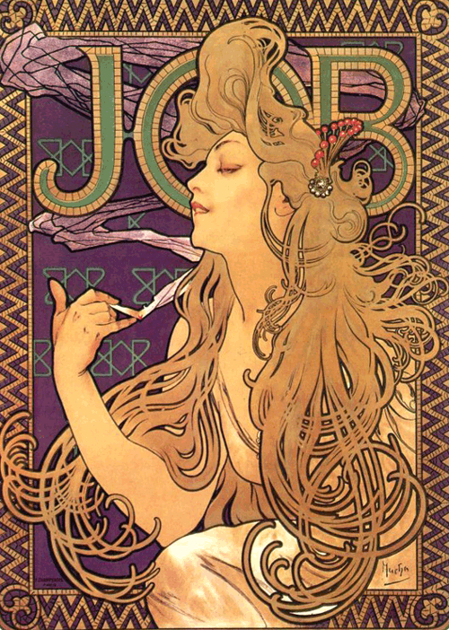 Anunci de cigarros Job, Alphonse Mucha, http://masterpieceart.net/alphonse-mucha/, domini públic.