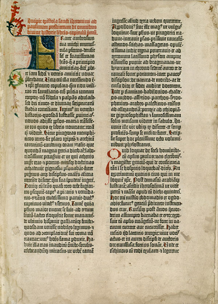Figura 10. Primera pàgina del primer volum de la Bíblia de Gutenberg: epístola de Sant Jeroni
